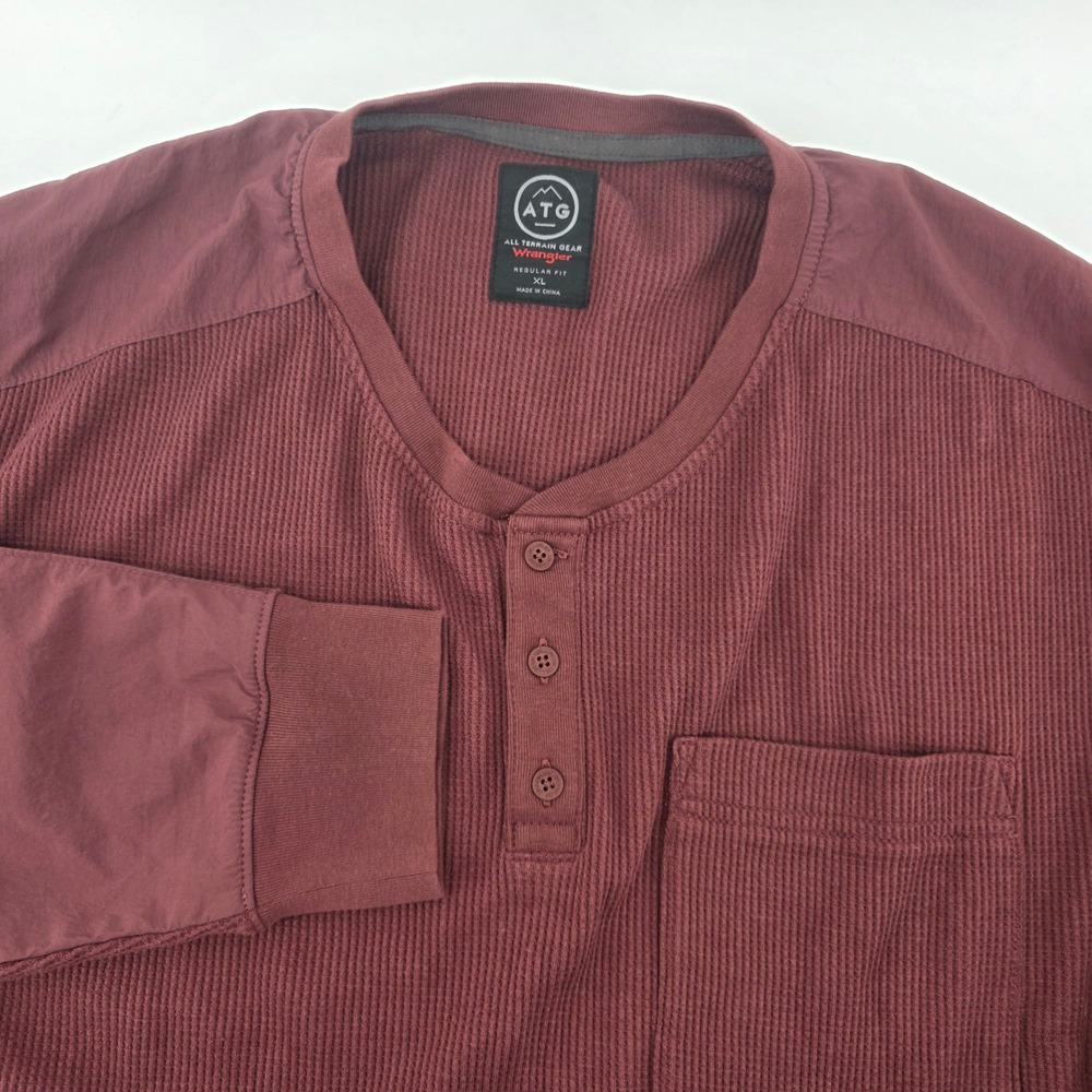 Wrangler ATG All Terrain Gear Mens XL Henley Waffle Knit Shirt Burgundy Rugged